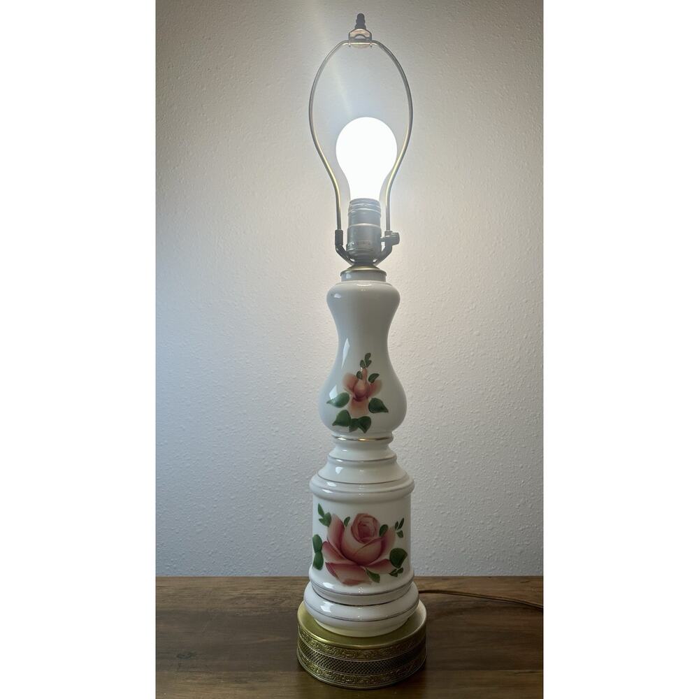 Vintage Floral Porcelain Table Lamp Hand Painted Roses Brass Base Works